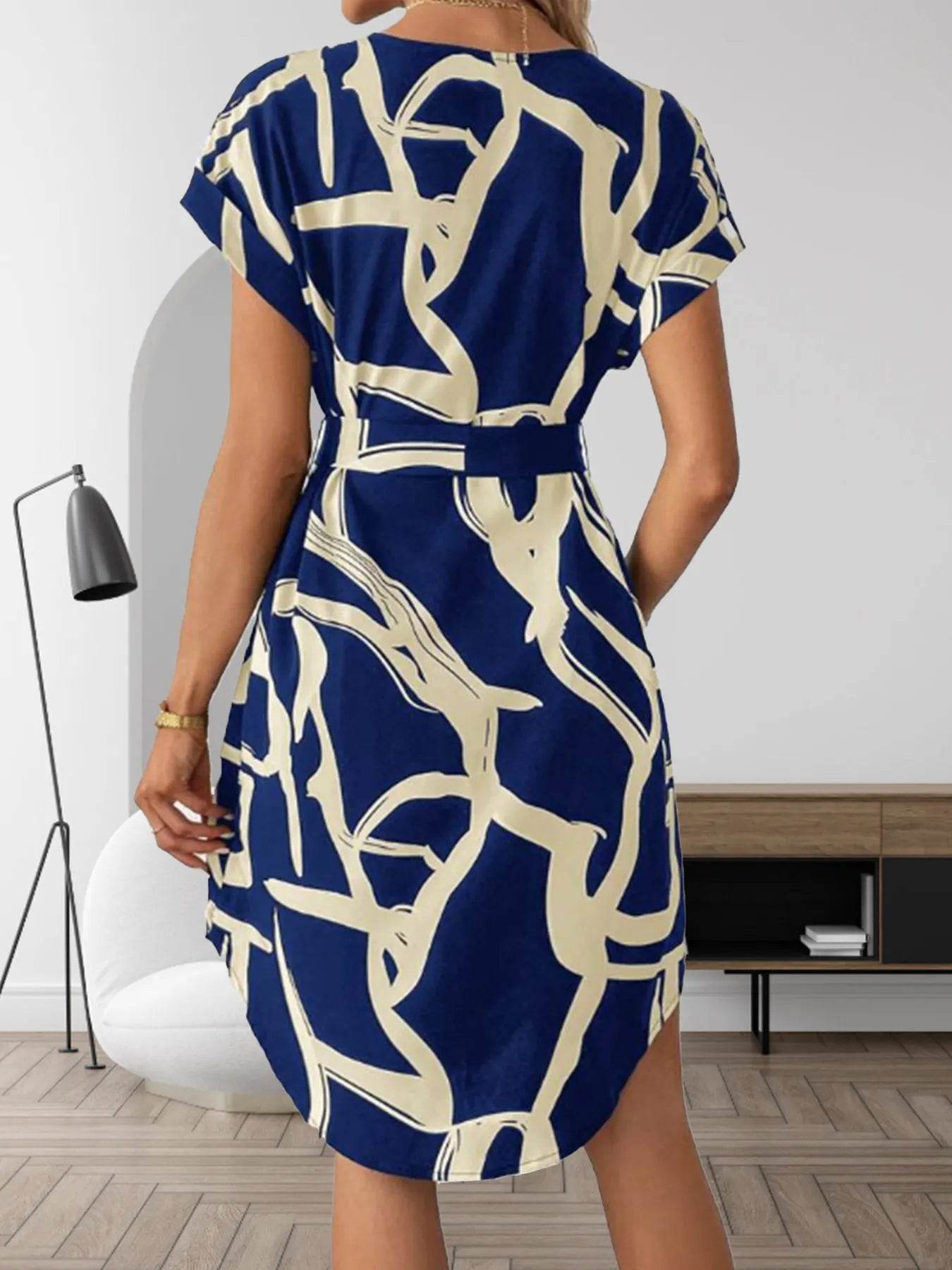 Curved Hem Notch Neckline Waist Tie Dress - MARIGOLD