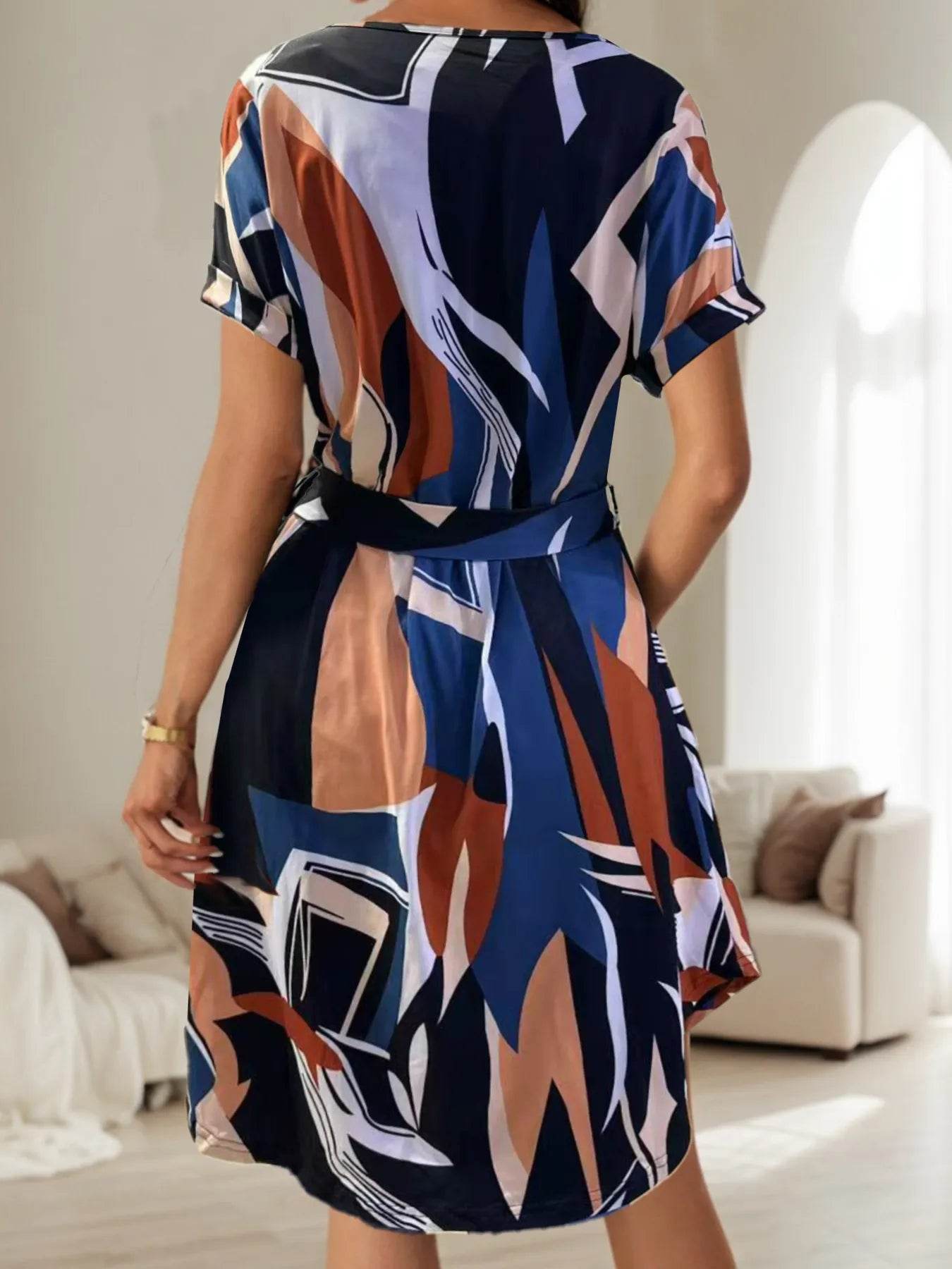 Curved Hem Notch Neckline Waist Tie Dress - MARIGOLD
