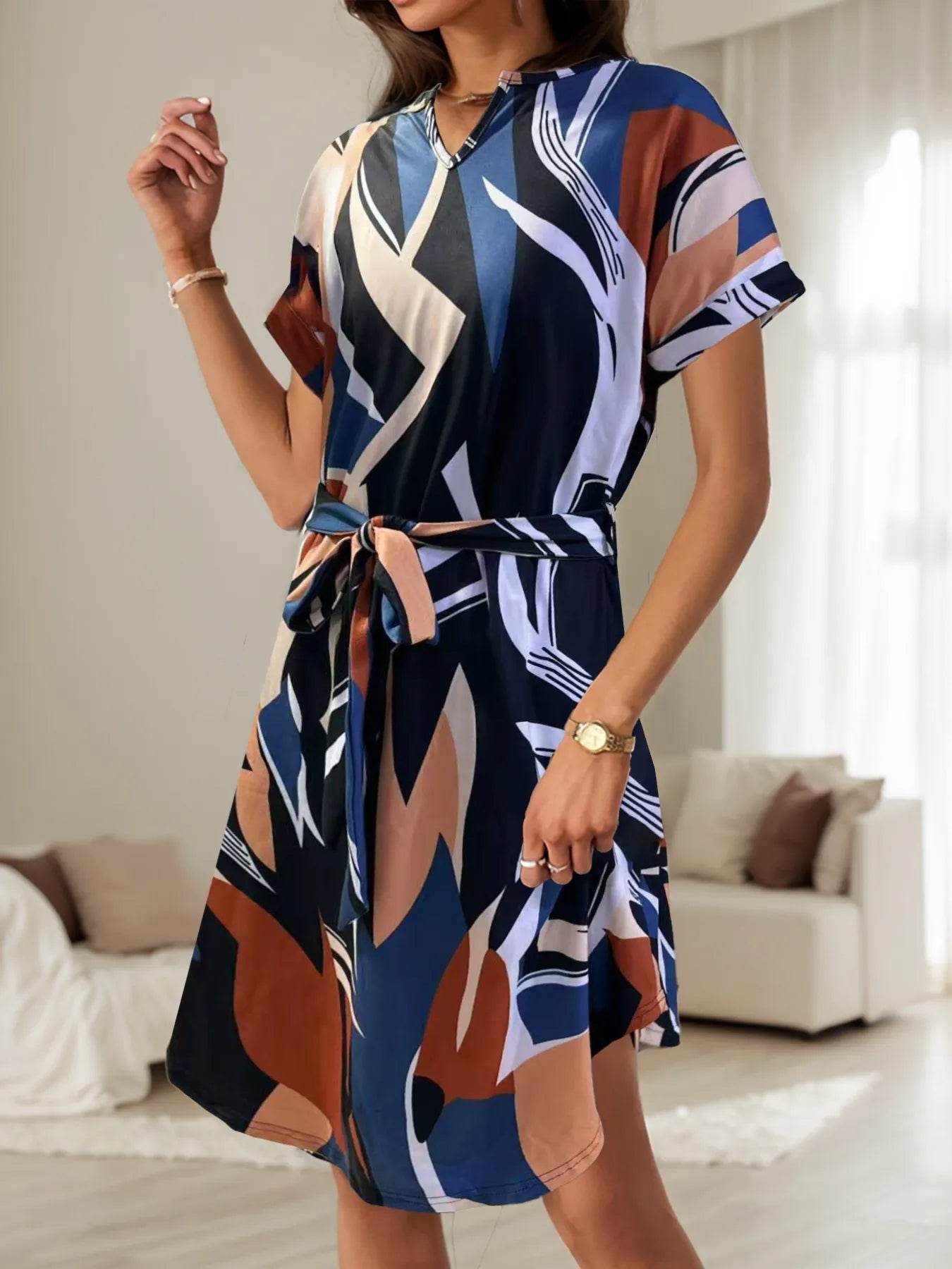 Curved Hem Notch Neckline Waist Tie Dress - MARIGOLD
