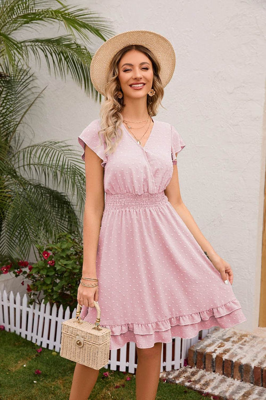 Swiss Dot Dress with Angel Sleeves and Ruffle Hem - MARIGOLD