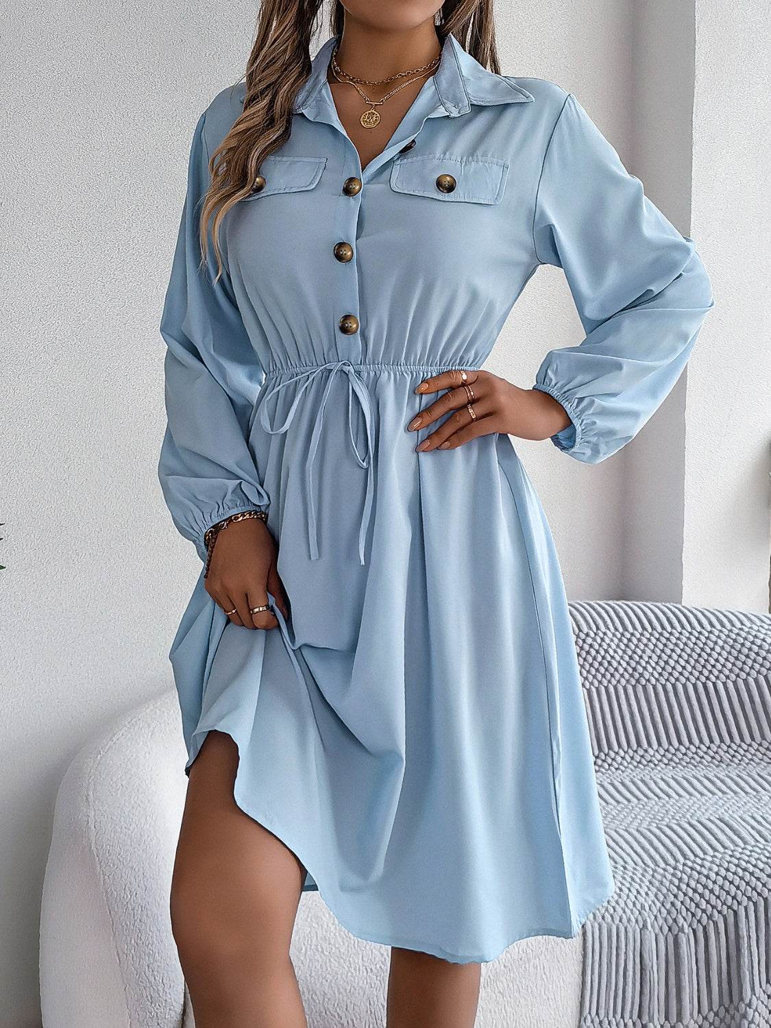 Collared Button Front Waist Tie Long Sleeve Dress - MARIGOLD