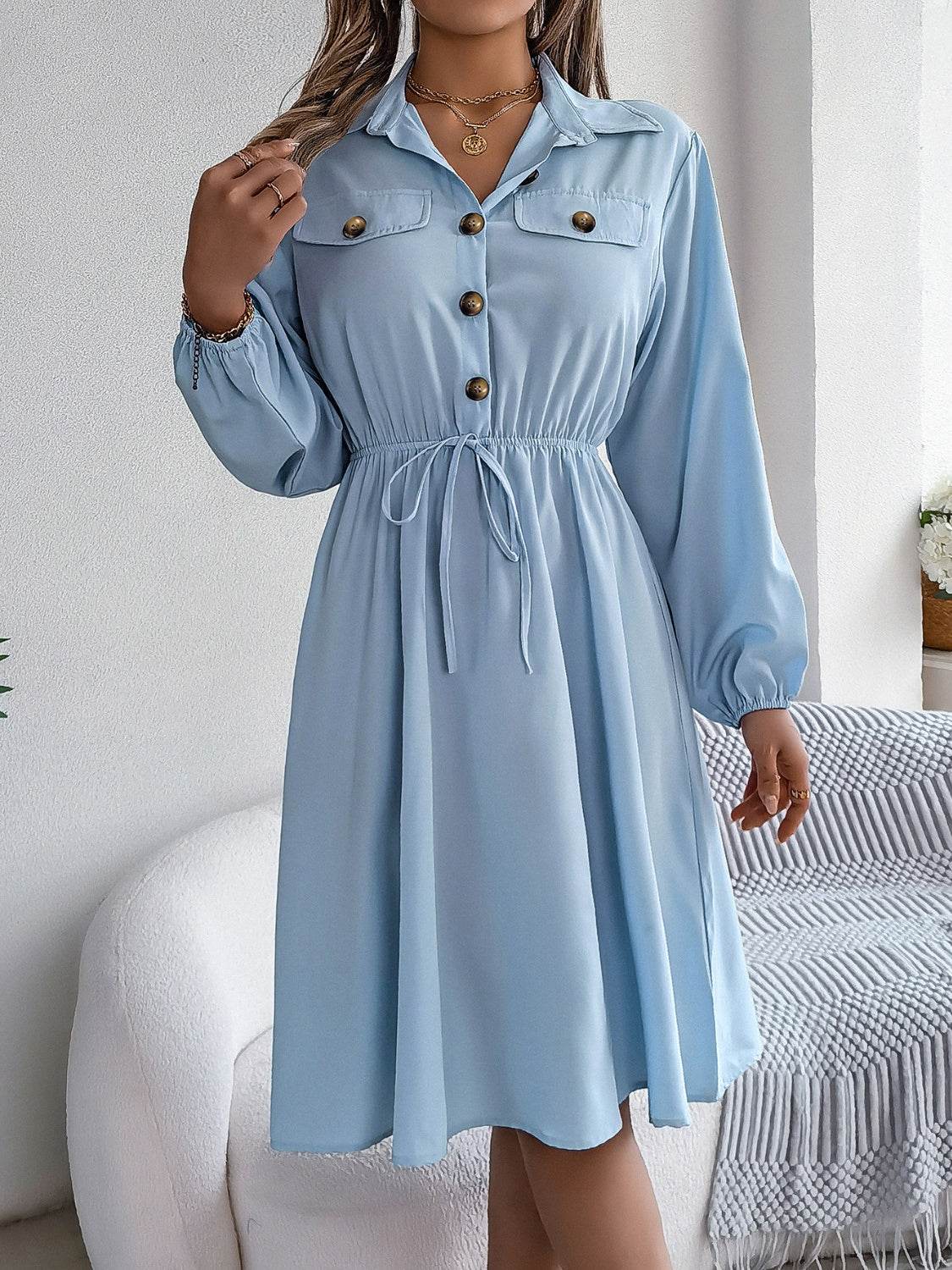 Collared Button Front Waist Tie Long Sleeve Dress - MARIGOLD