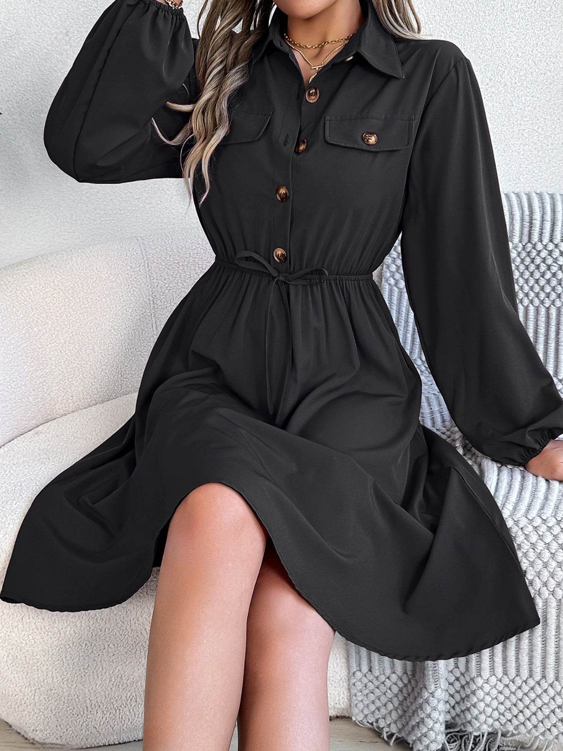 Collared Button Front Waist Tie Long Sleeve Dress - MARIGOLD