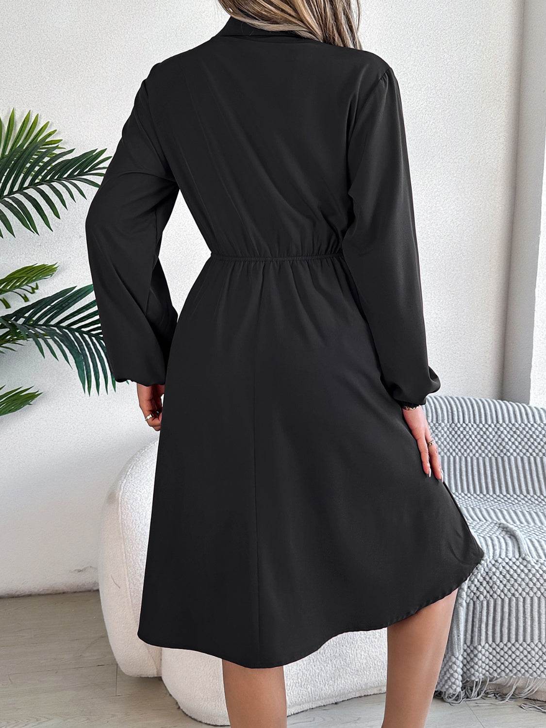 Collared Button Front Waist Tie Long Sleeve Dress - MARIGOLD