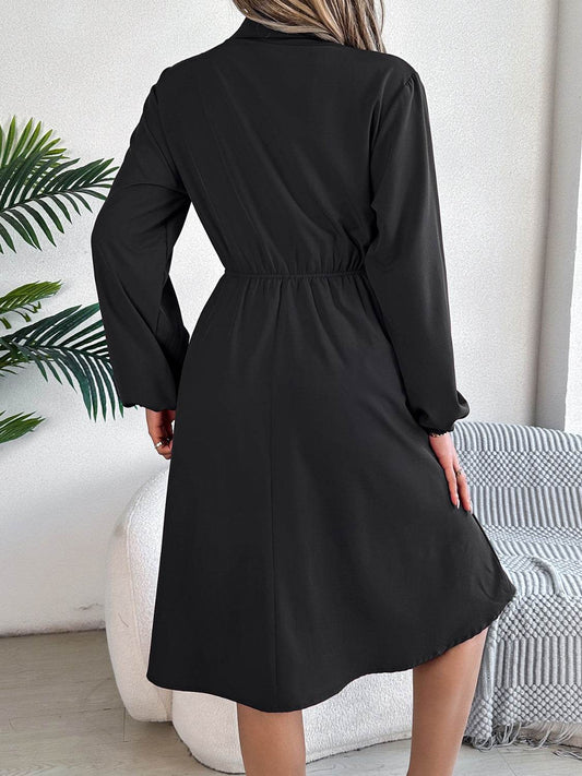 Collared Button Front Waist Tie Long Sleeve Dress - MARIGOLD