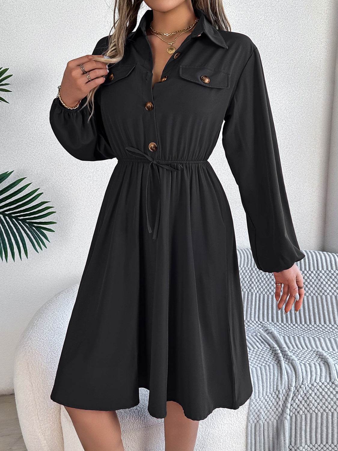 Collared Button Front Waist Tie Long Sleeve Dress - MARIGOLD