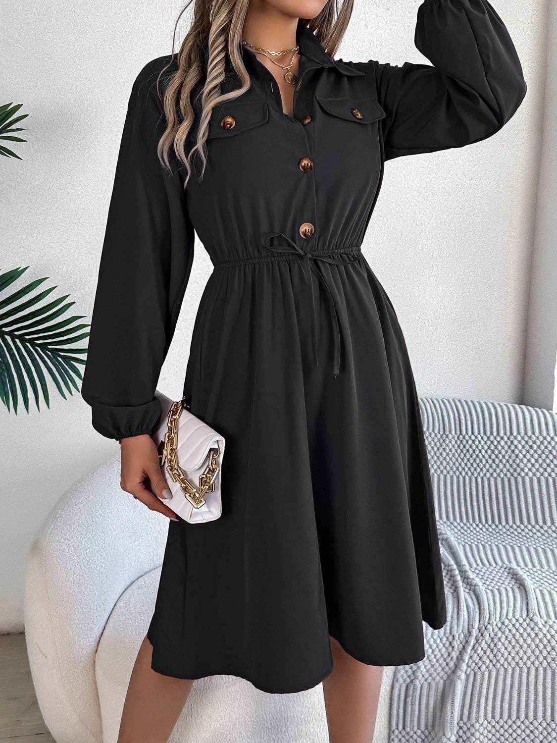 Collared Button Front Waist Tie Long Sleeve Dress - MARIGOLD