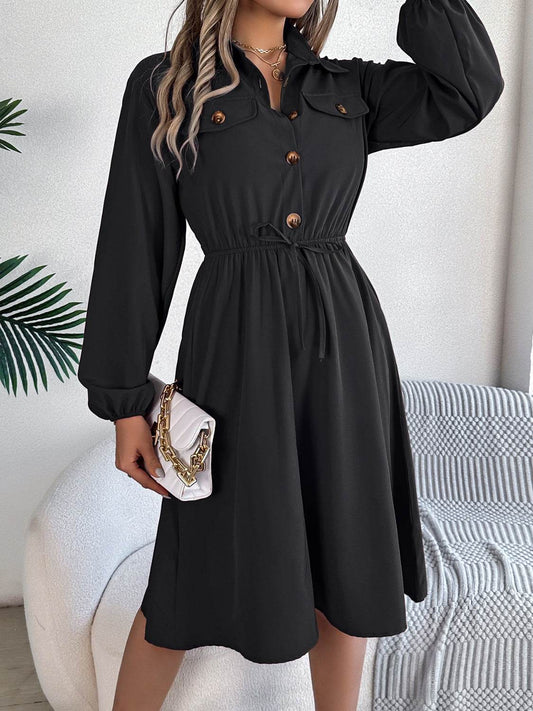 Collared Button Front Waist Tie Long Sleeve Dress - MARIGOLD