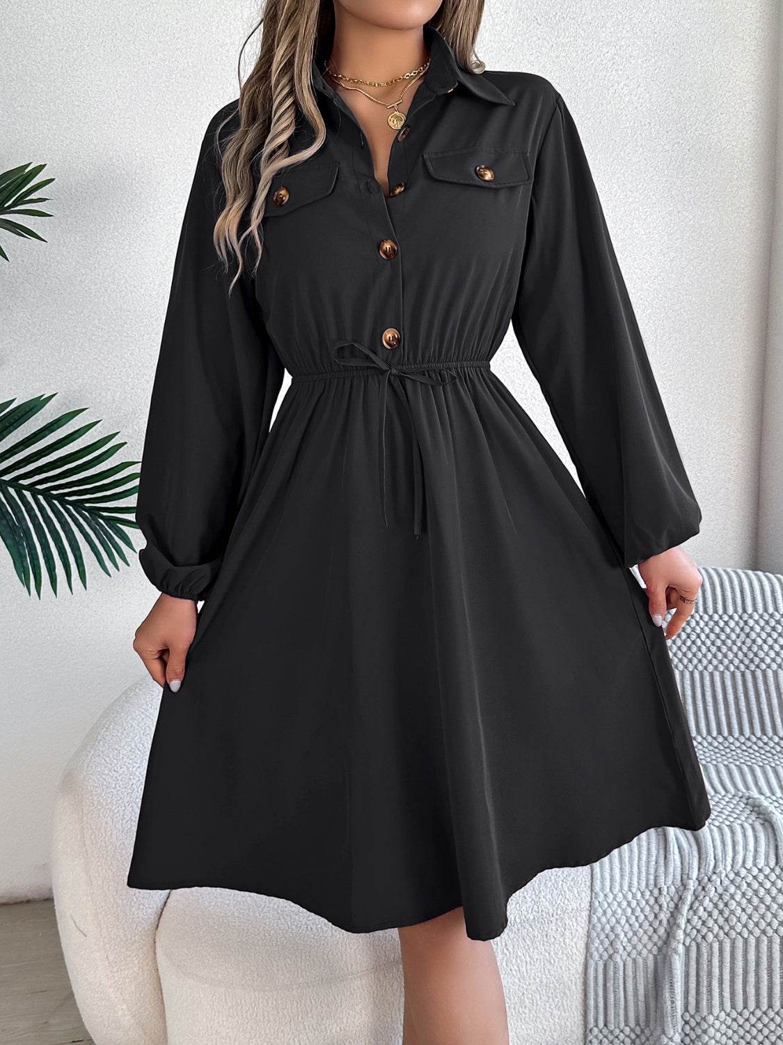 Collared Button Front Waist Tie Long Sleeve Dress - MARIGOLD