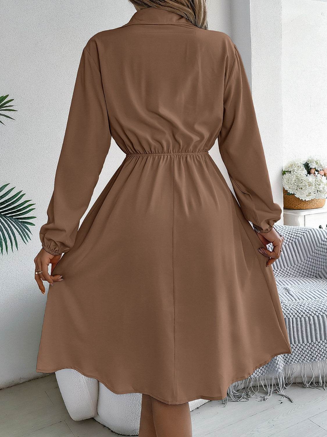 Collared Button Front Waist Tie Long Sleeve Dress - MARIGOLD