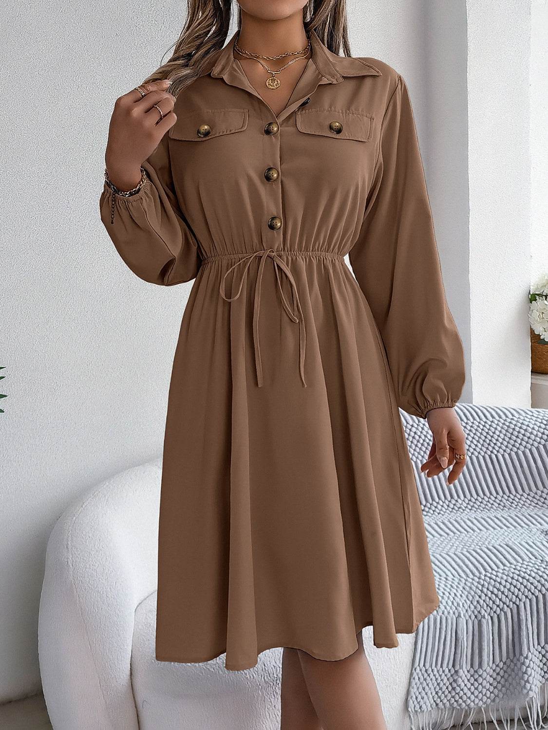Collared Button Front Waist Tie Long Sleeve Dress - MARIGOLD