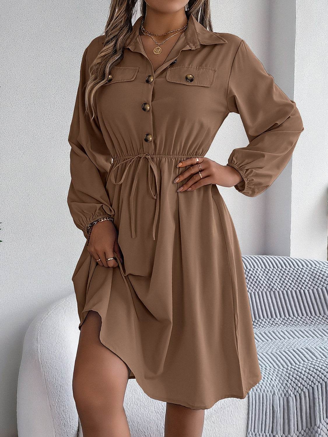 Collared Button Front Waist Tie Long Sleeve Dress - MARIGOLD