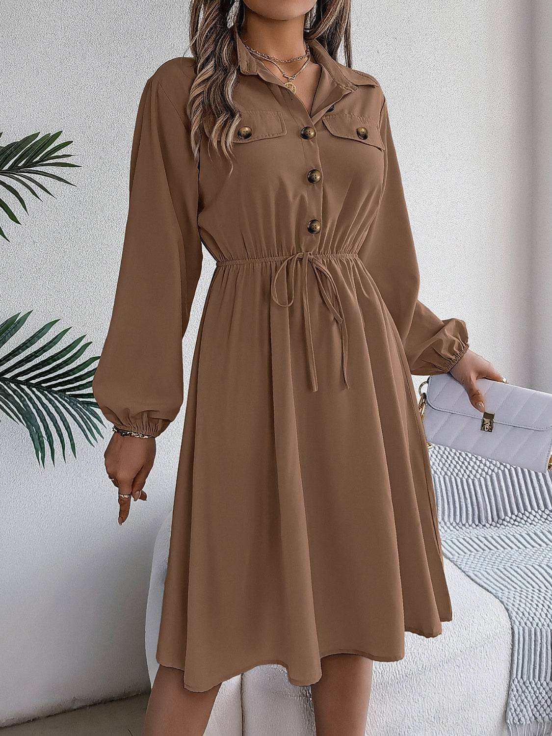 Collared Button Front Waist Tie Long Sleeve Dress - MARIGOLD