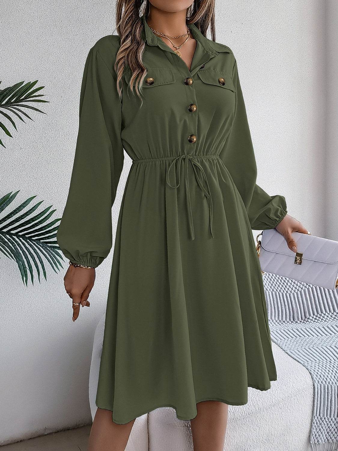 Collared Button Front Waist Tie Long Sleeve Dress - MARIGOLD