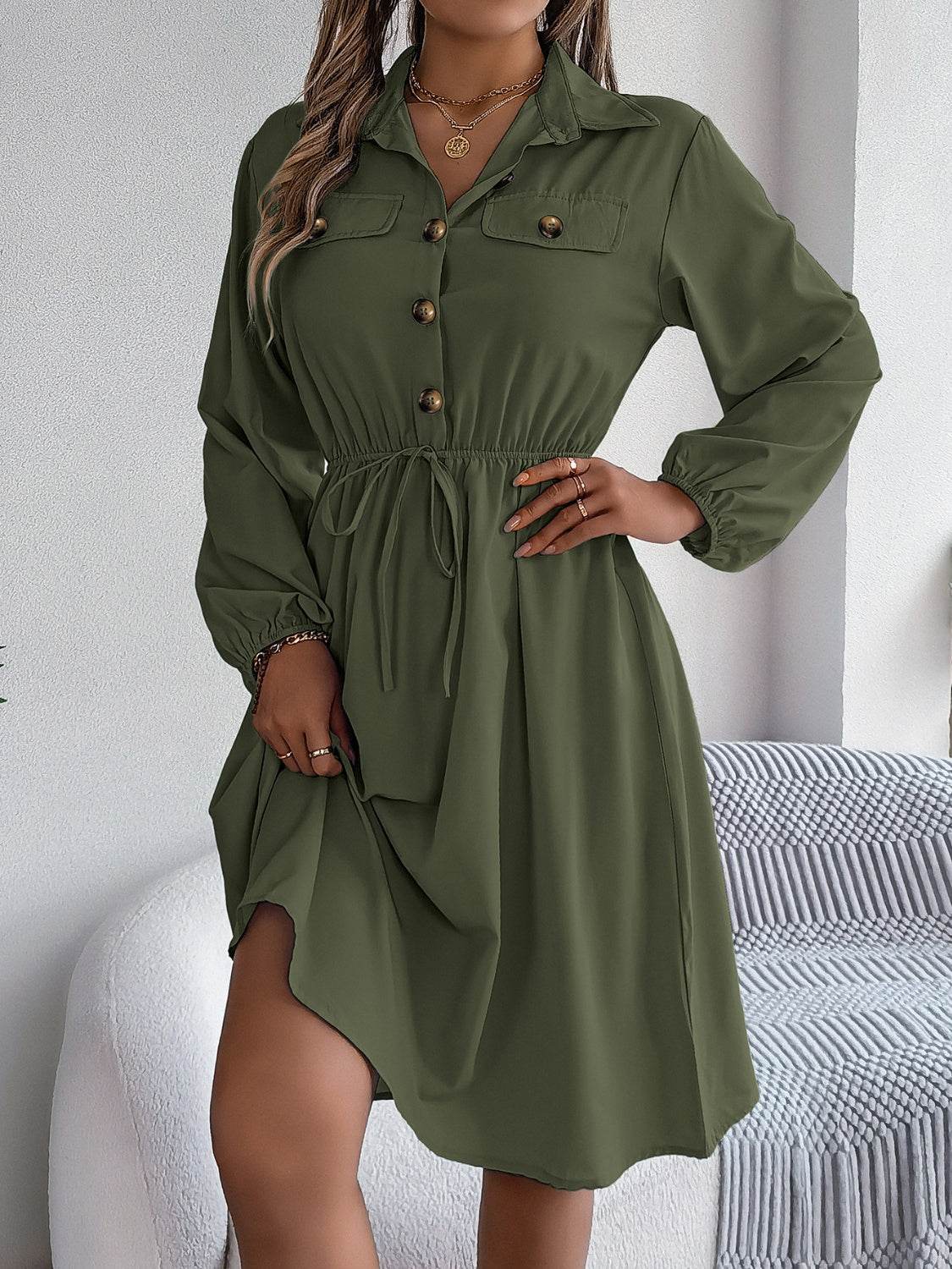 Collared Button Front Waist Tie Long Sleeve Dress - MARIGOLD