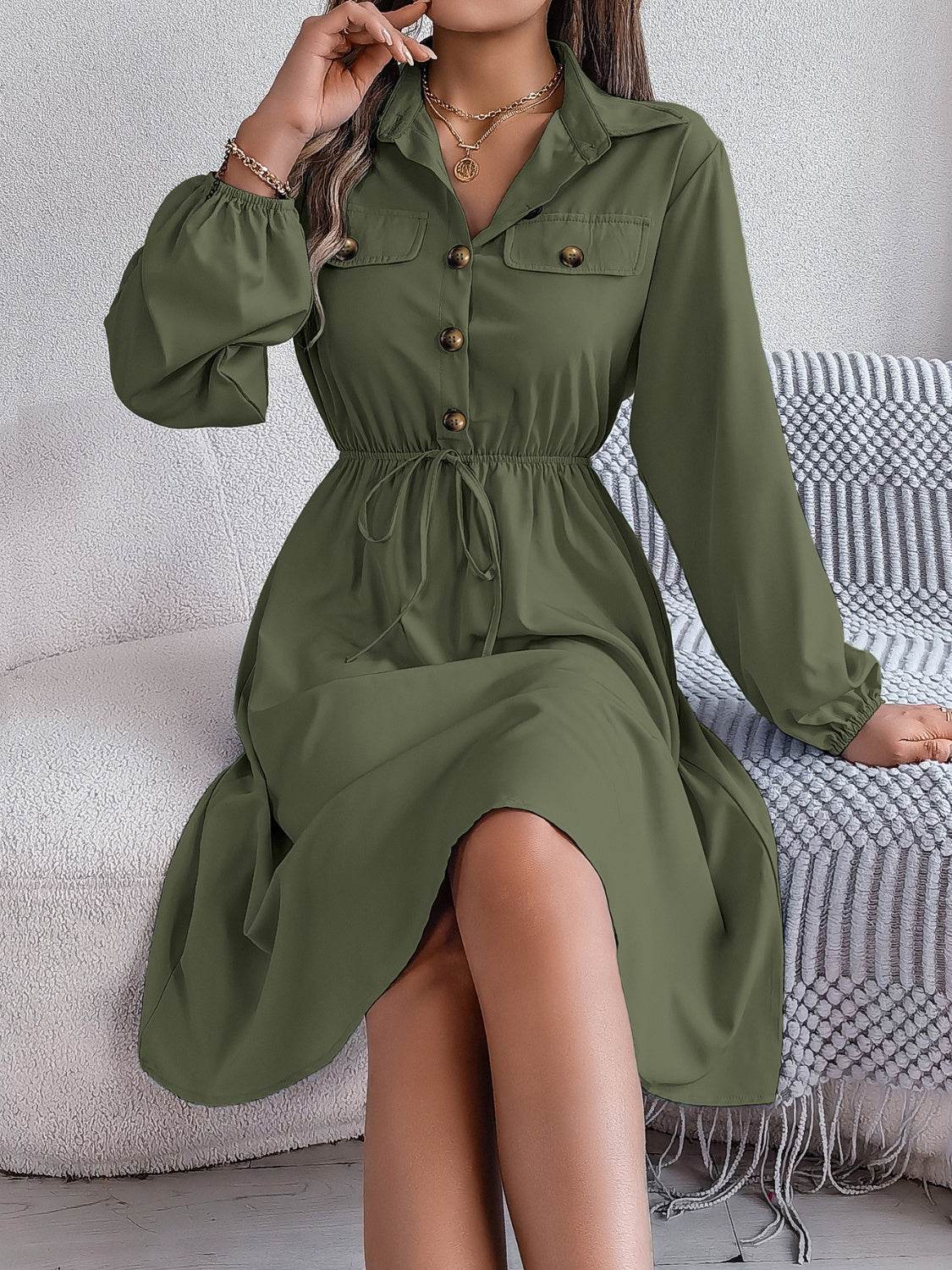 Collared Button Front Waist Tie Long Sleeve Dress - MARIGOLD
