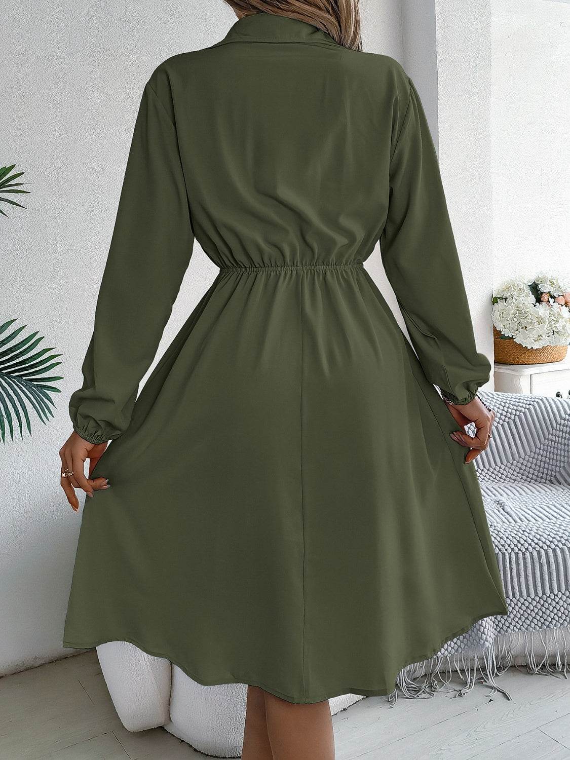 Collared Button Front Waist Tie Long Sleeve Dress - MARIGOLD