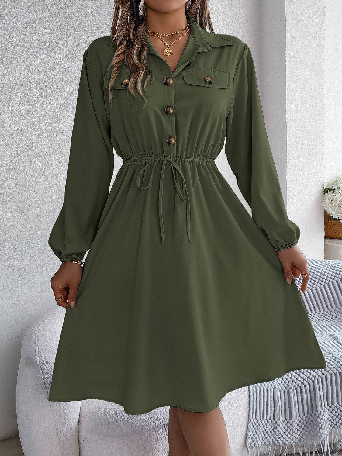 Collared Button Front Waist Tie Long Sleeve Dress - MARIGOLD