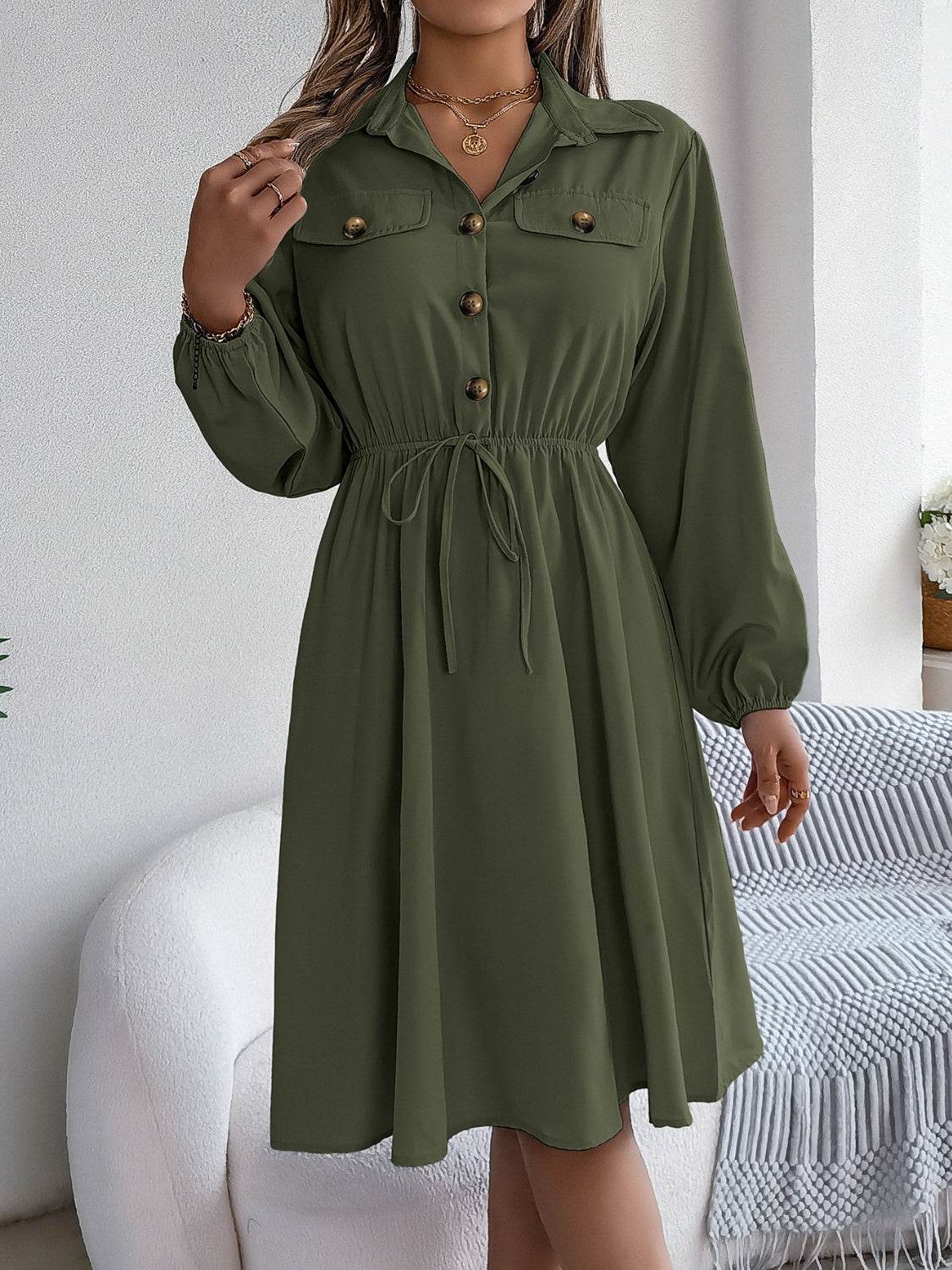 Collared Button Front Waist Tie Long Sleeve Dress - MARIGOLD