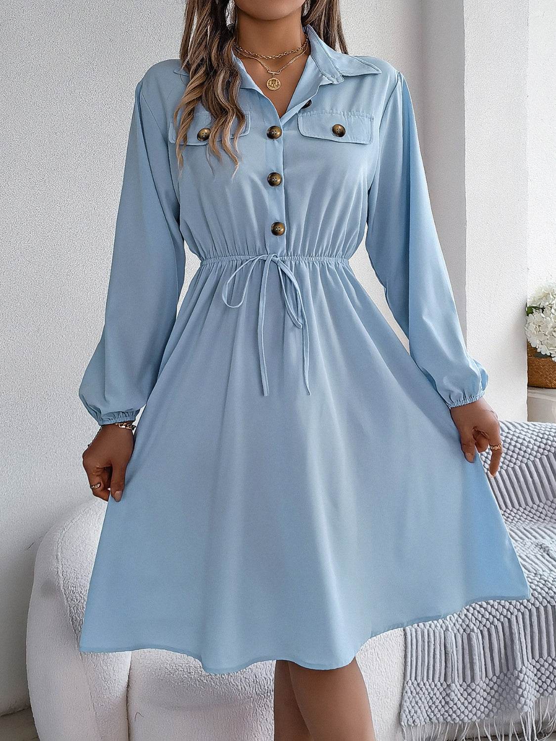 Collared Button Front Waist Tie Long Sleeve Dress - MARIGOLD