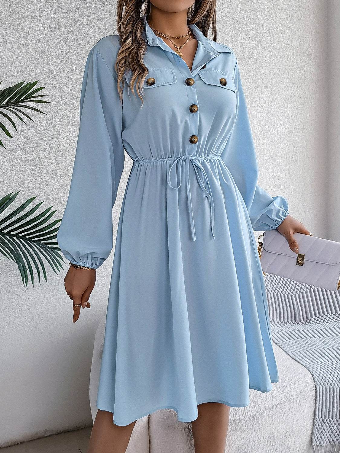 Collared Button Front Waist Tie Long Sleeve Dress - MARIGOLD