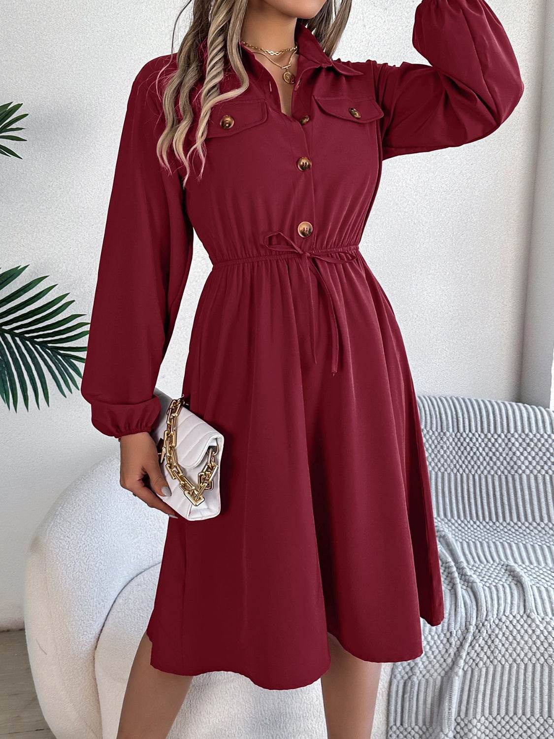 Collared Button Front Waist Tie Long Sleeve Dress - MARIGOLD