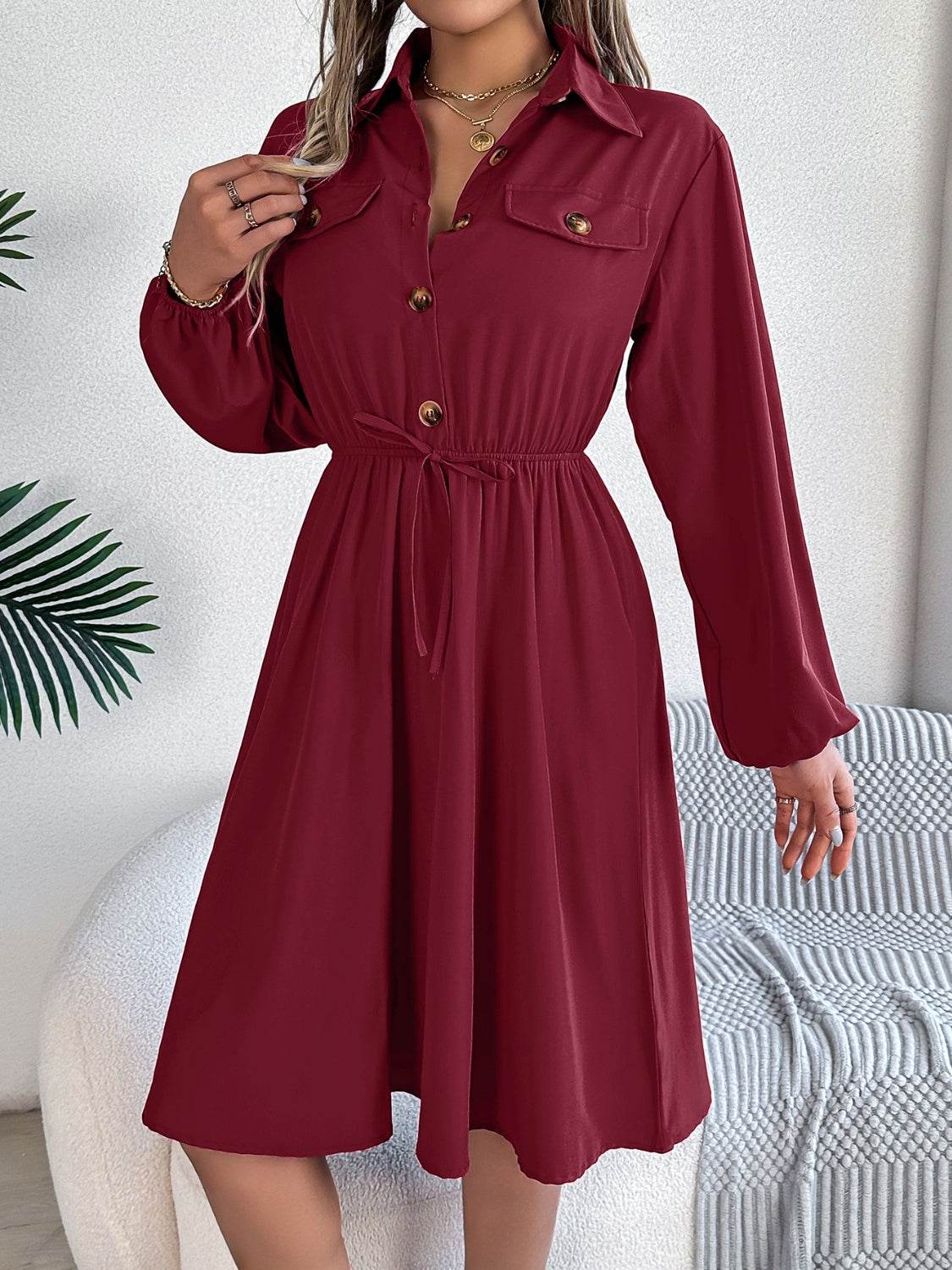 Collared Button Front Waist Tie Long Sleeve Dress - MARIGOLD