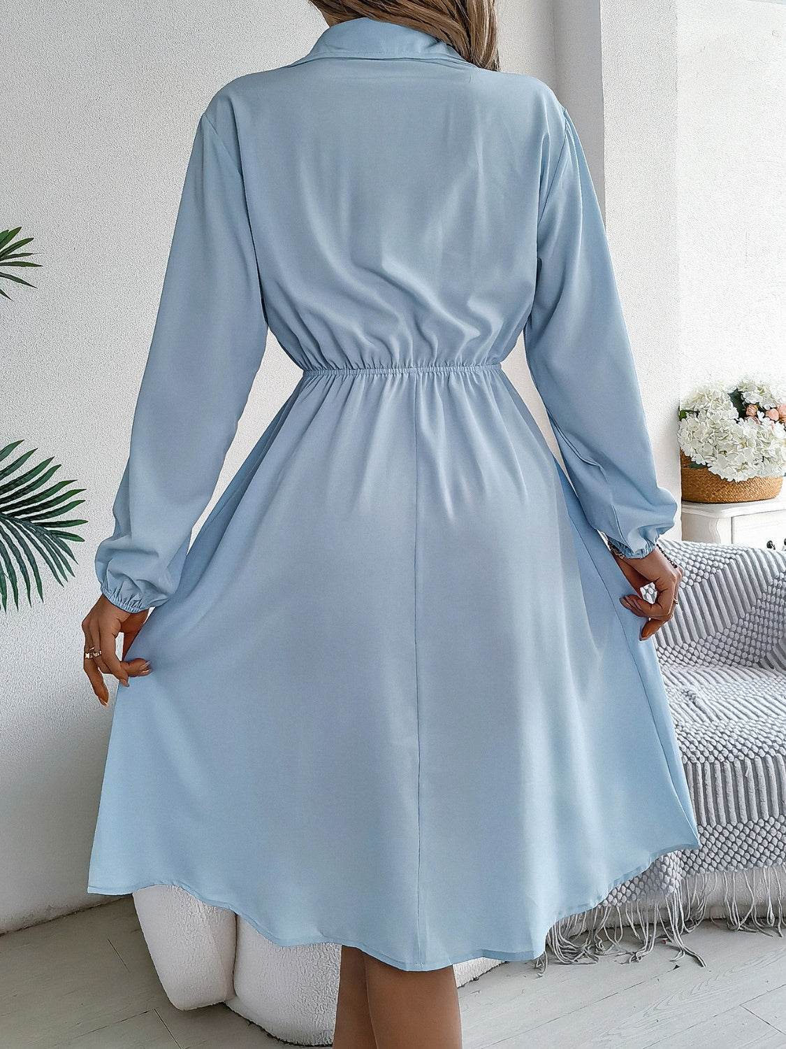 Collared Button Front Waist Tie Long Sleeve Dress - MARIGOLD