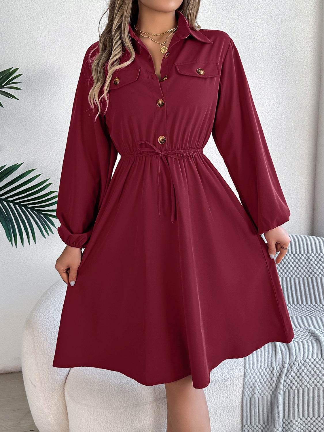Collared Button Front Waist Tie Long Sleeve Dress - MARIGOLD