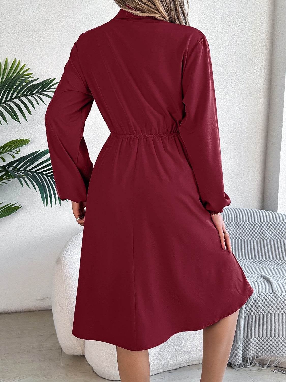 Collared Button Front Waist Tie Long Sleeve Dress - MARIGOLD