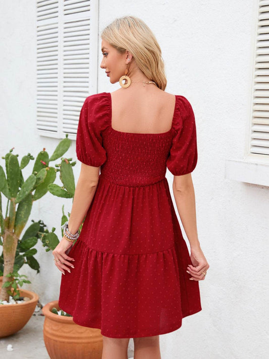 Swiss Dot Smocked Square Neck Dress - MARIGOLD