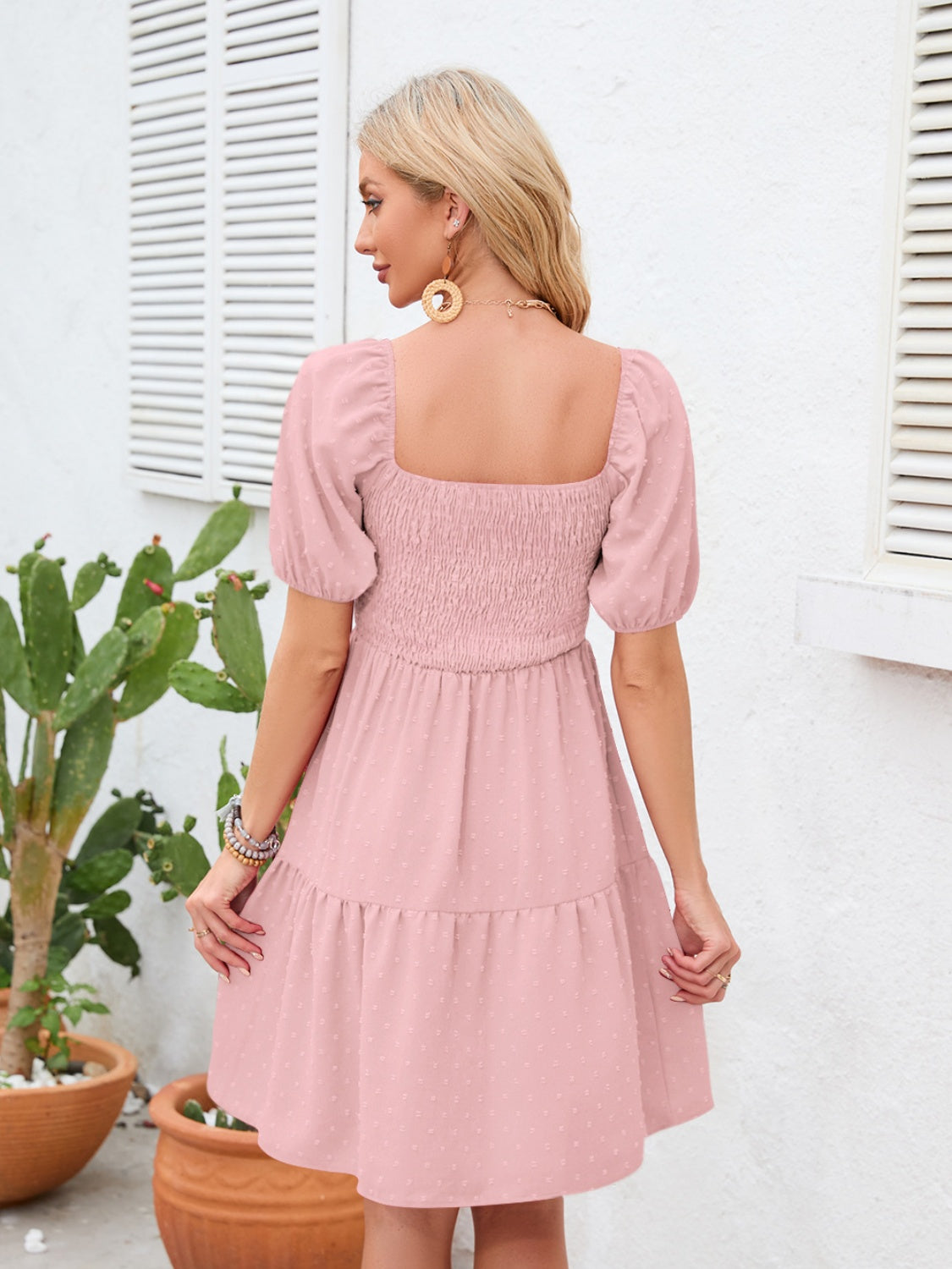 Swiss Dot Smocked Square Neck Dress - MARIGOLD