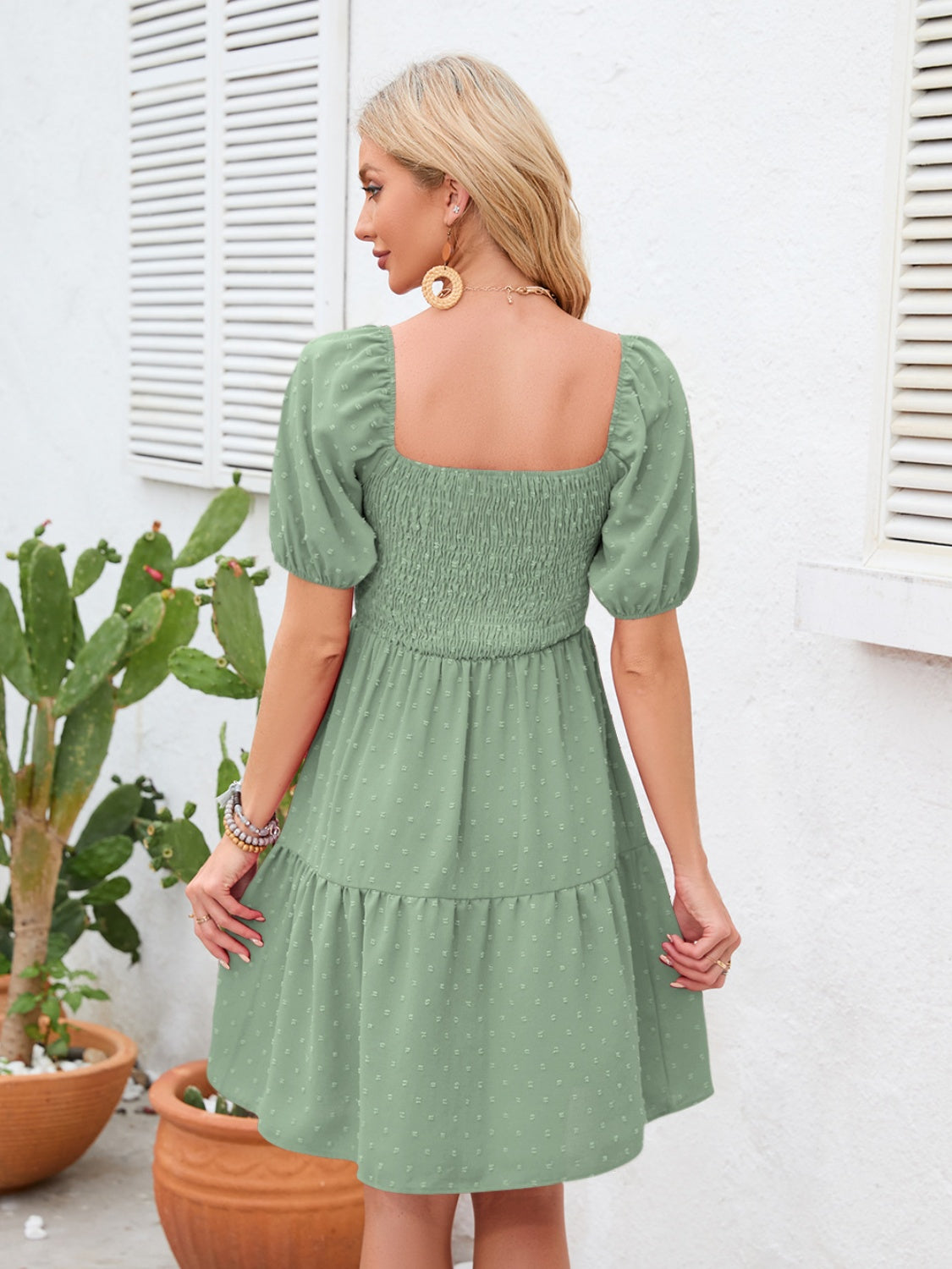 Swiss Dot Smocked Square Neck Dress - MARIGOLD