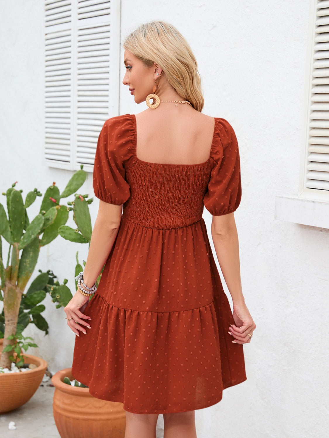 Swiss Dot Smocked Square Neck Dress - MARIGOLD