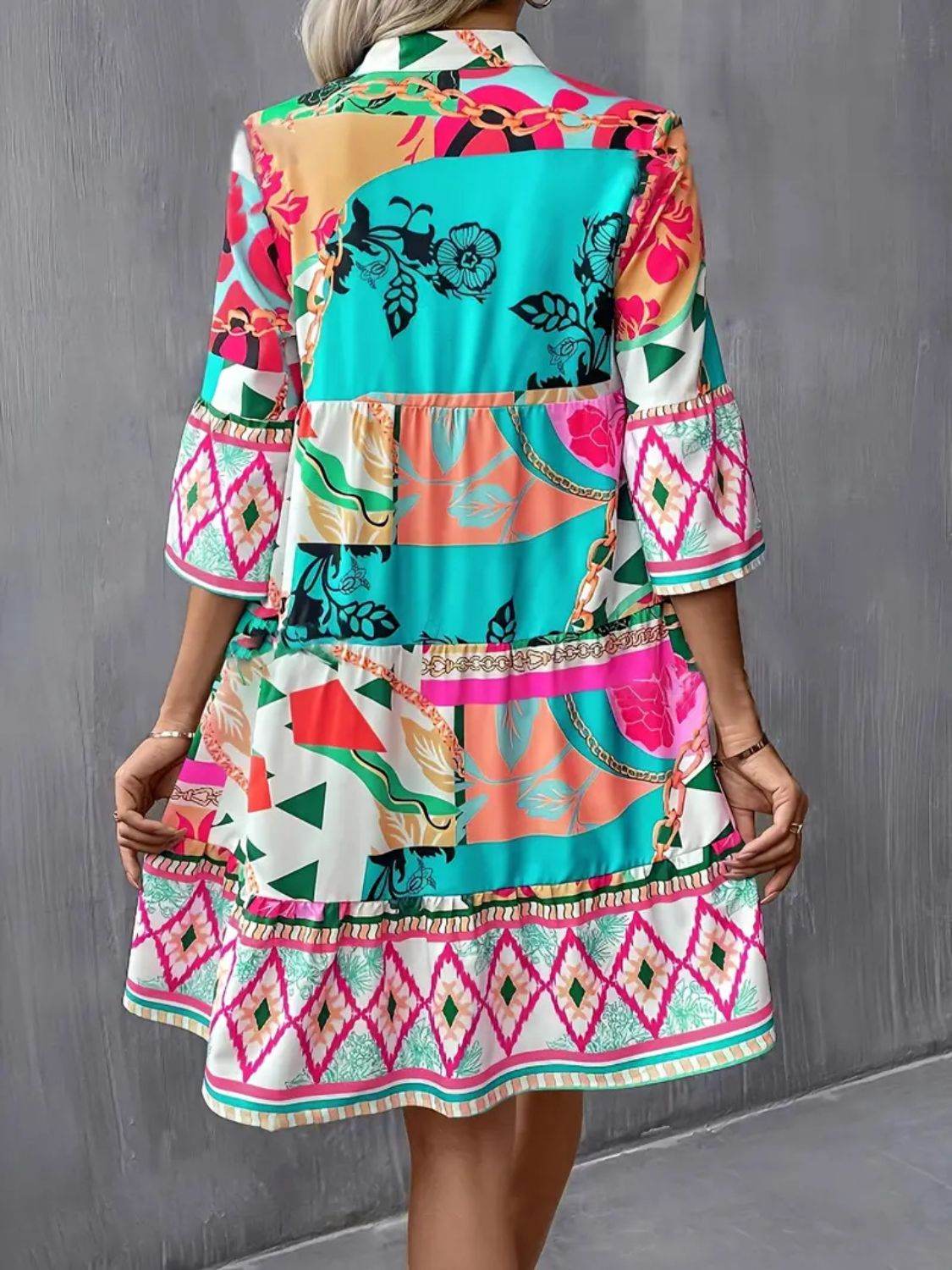 Geo Print Flare Sleeve Tiered Dress - MARIGOLD