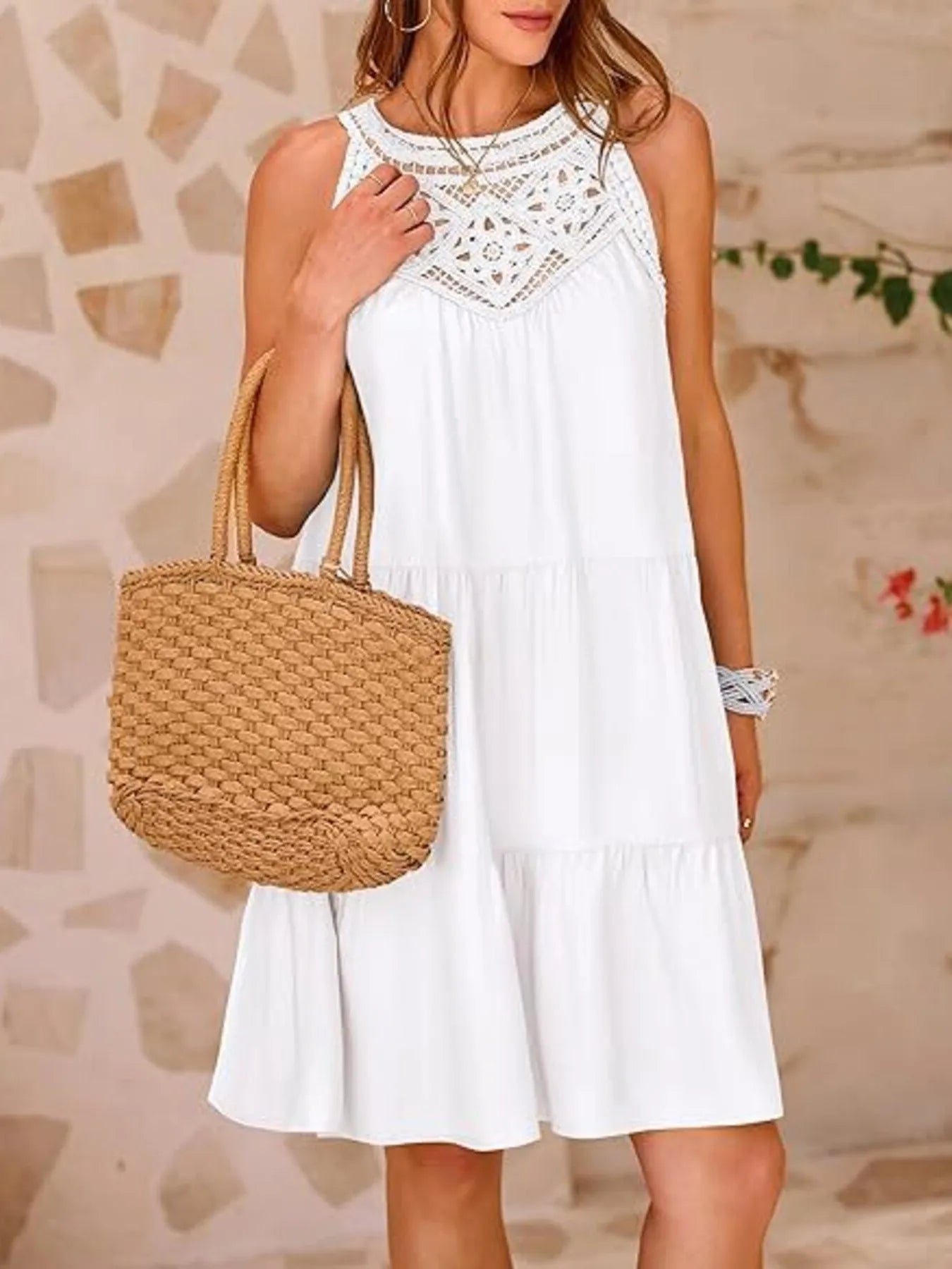 Crochet Lace Tiered Dress white