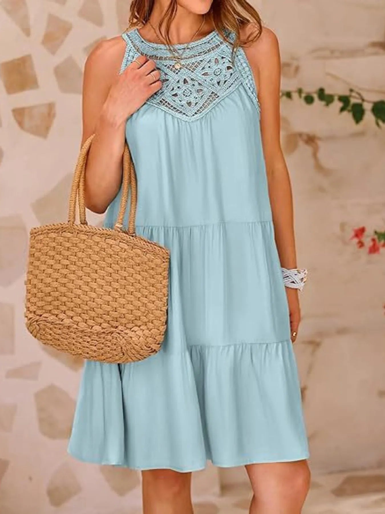Crochet Lace Tiered Dress blue