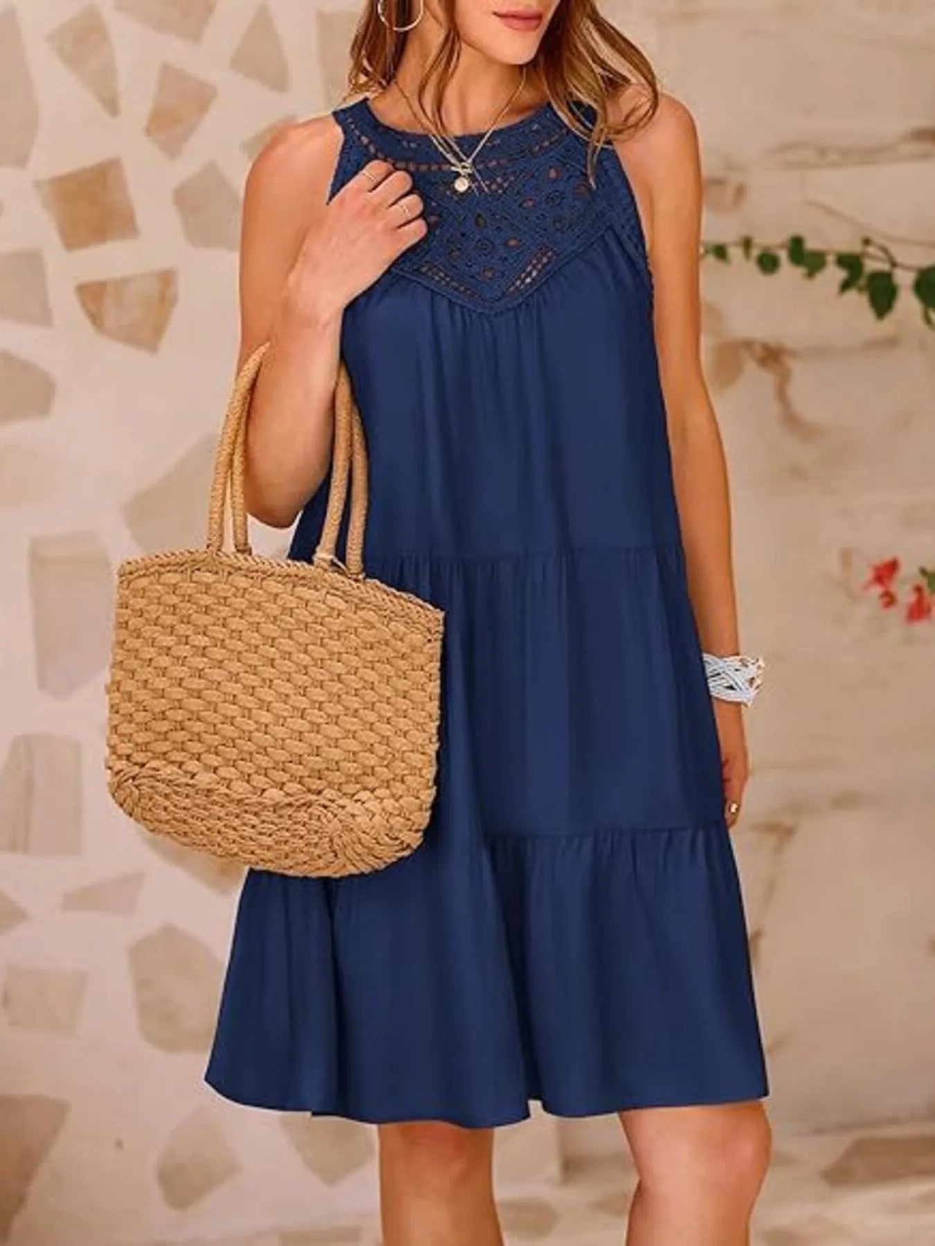 Crochet Lace Tiered Dress navy