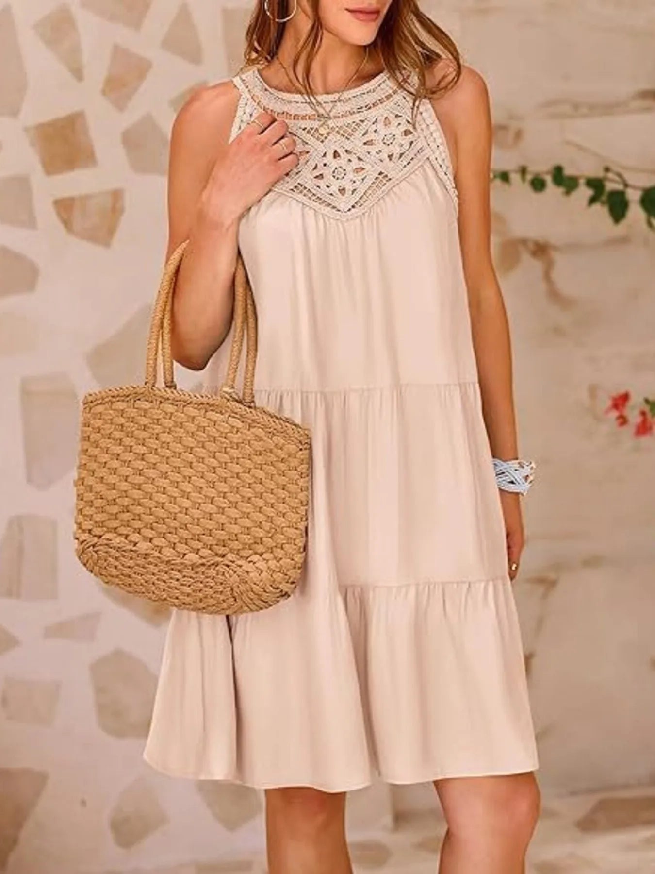 Crochet Lace Tiered Dress apricot