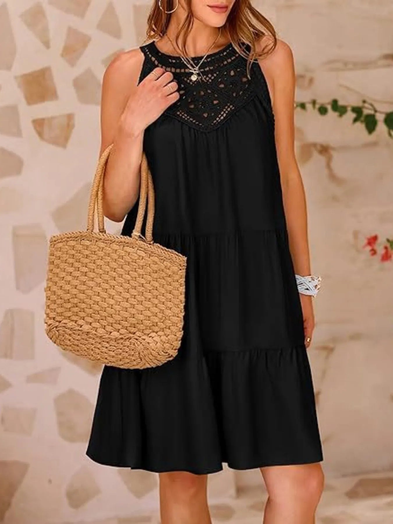 Crochet Lace Tiered Dress black