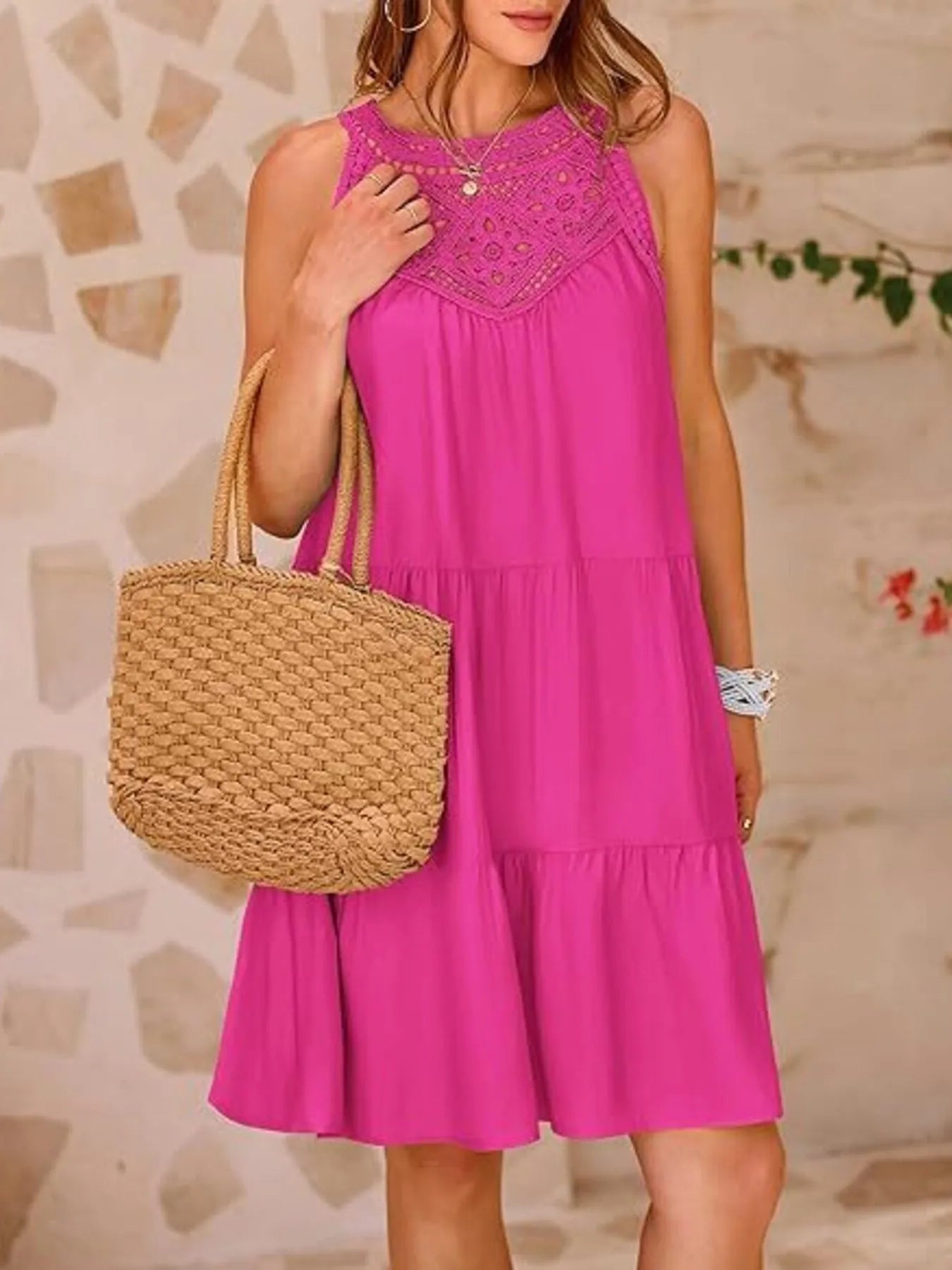 Crochet Lace Tiered Dress rose