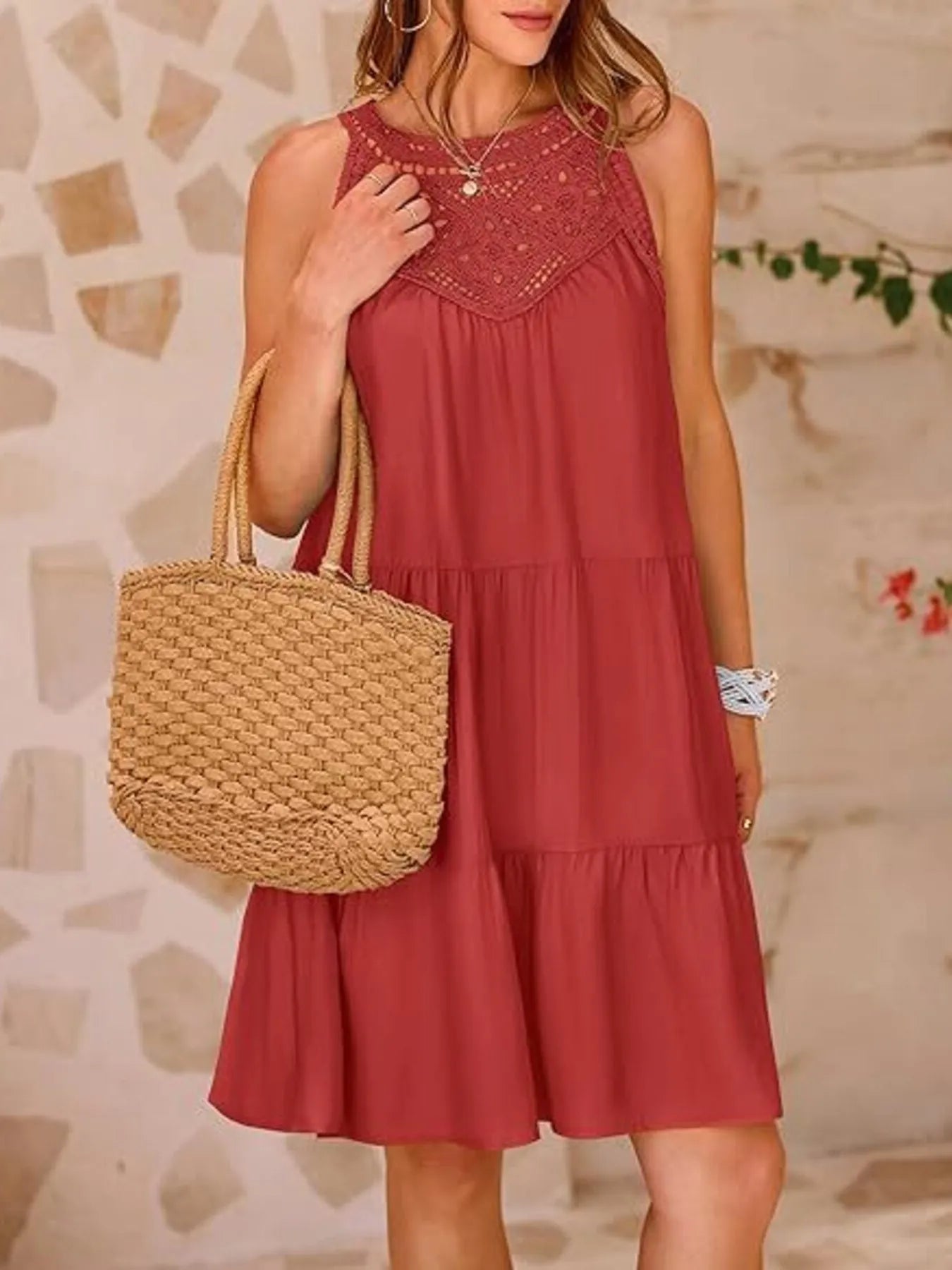 Crochet Lace Tiered Dress red