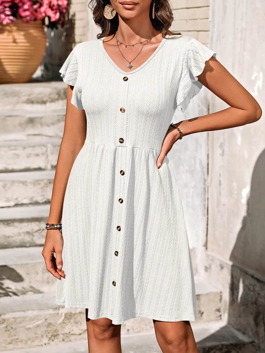 V-Neck Ruffled Cap Sleeve Dress - MARIGOLD