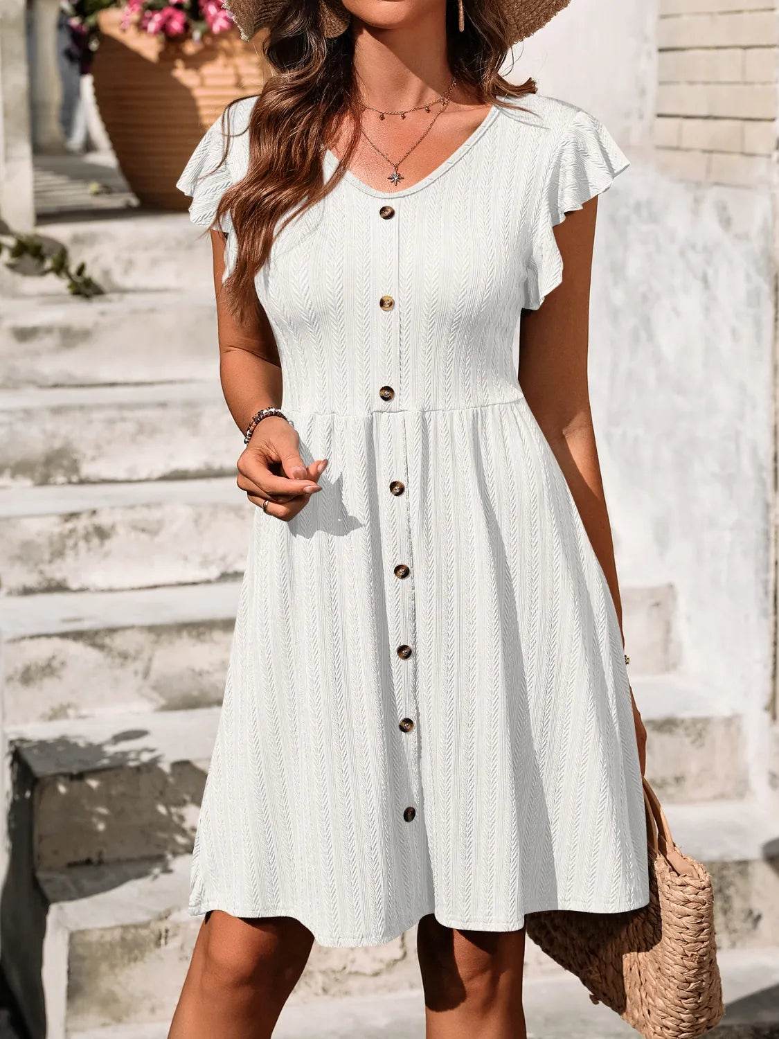 V-Neck Ruffled Cap Sleeve Dress - MARIGOLD