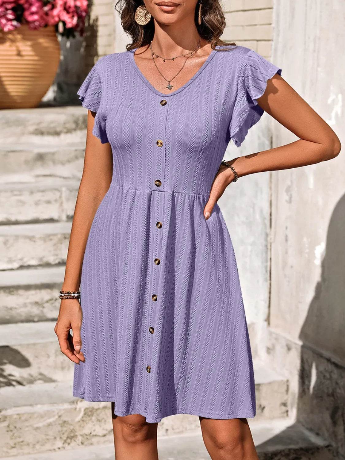 V-Neck Ruffled Cap Sleeve Dress - MARIGOLD