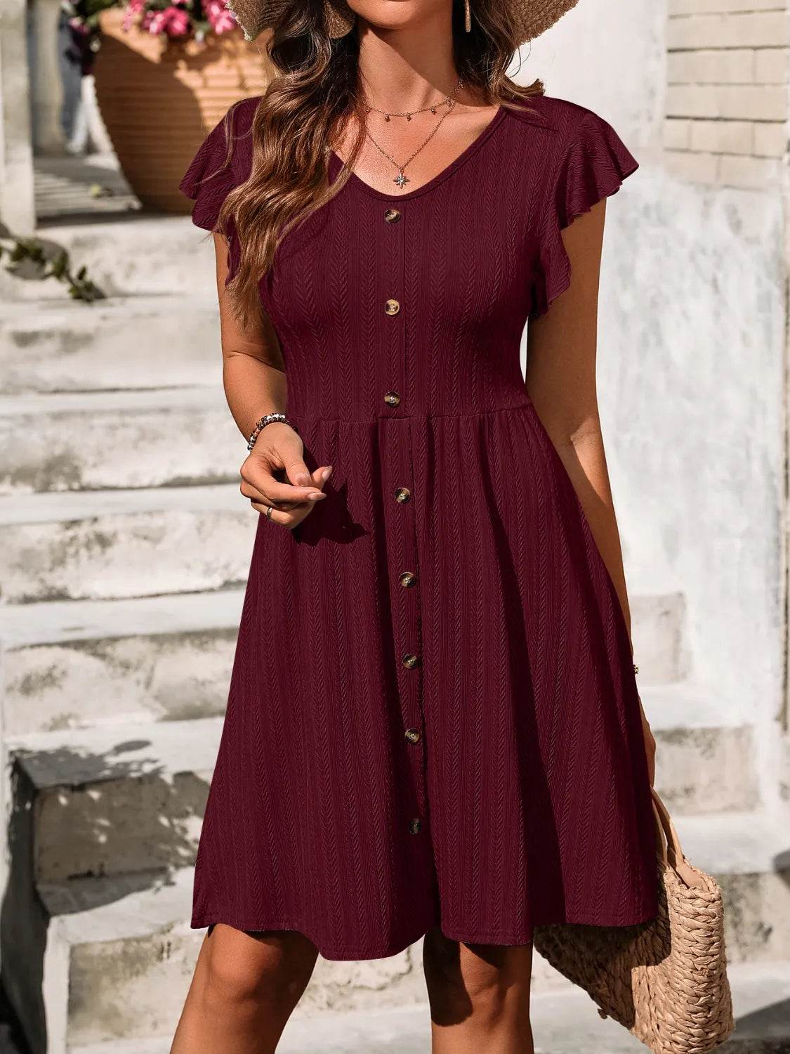 V-Neck Ruffled Cap Sleeve Dress - MARIGOLD