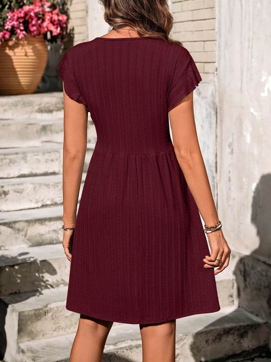 V-Neck Ruffled Cap Sleeve Dress - MARIGOLD