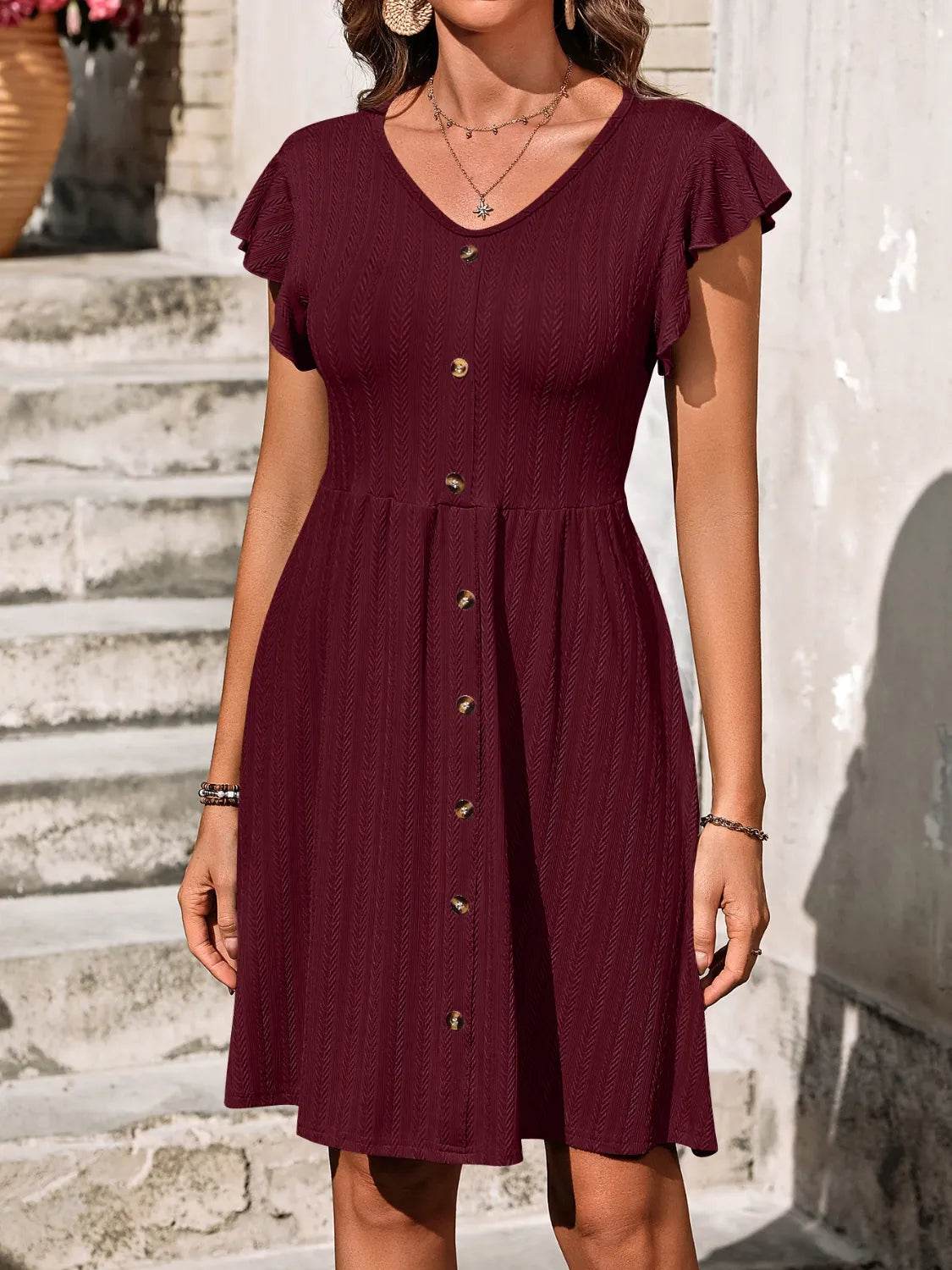 V-Neck Ruffled Cap Sleeve Dress - MARIGOLD