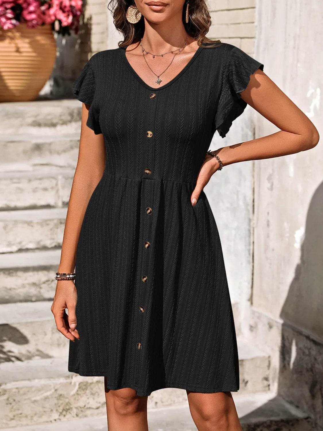V-Neck Ruffled Cap Sleeve Dress - MARIGOLD
