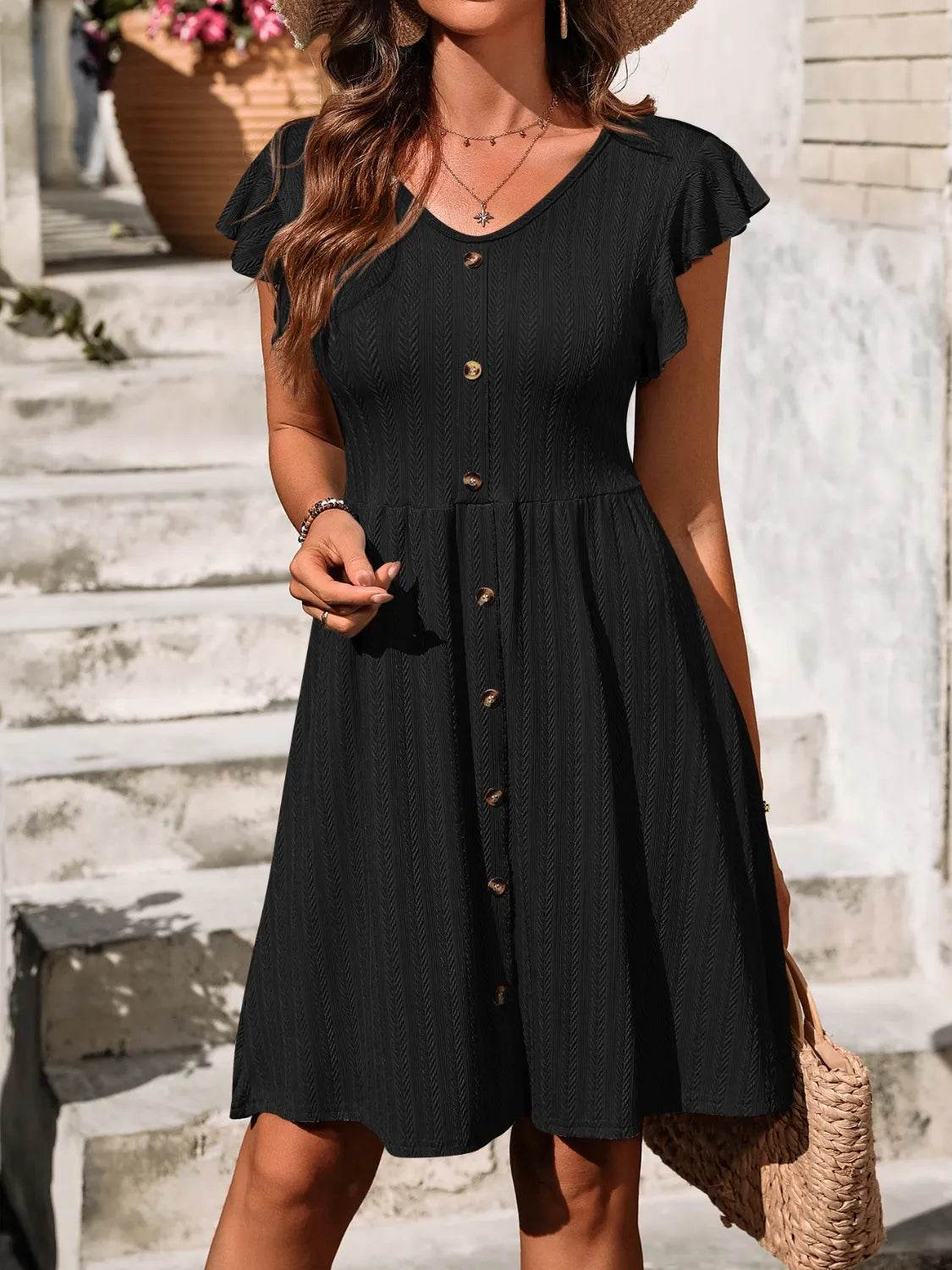 V-Neck Ruffled Cap Sleeve Dress - MARIGOLD